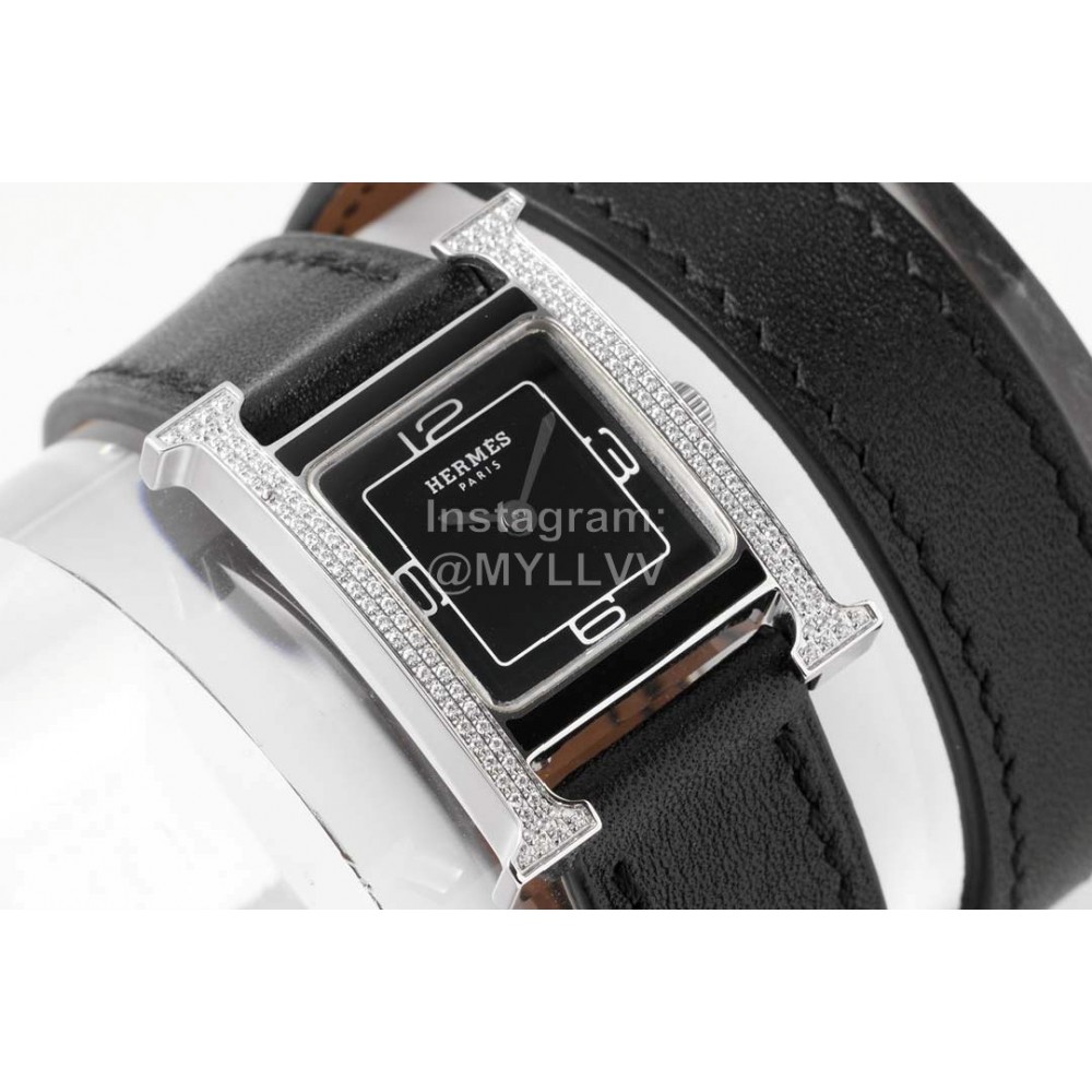 Hermes Heure H Double Jeu Diamond Leather Strap Watch Black