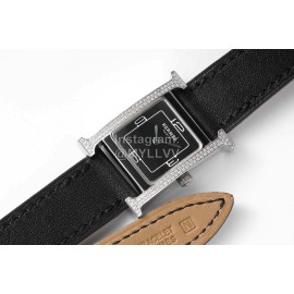 Hermes Heure H Double Jeu Diamond Leather Strap Watch Black