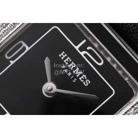 Hermes Heure H Double Jeu Diamond Leather Strap Watch Black