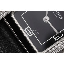 Hermes Heure H Double Jeu Diamond Leather Strap Watch Black