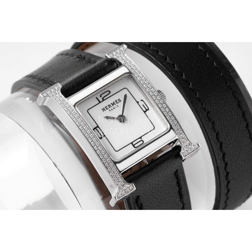 Hermes Heure H Double Jeu Diamond Black Leather Strap Watch