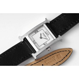 Hermes Heure H Double Jeu Diamond Black Leather Strap Watch