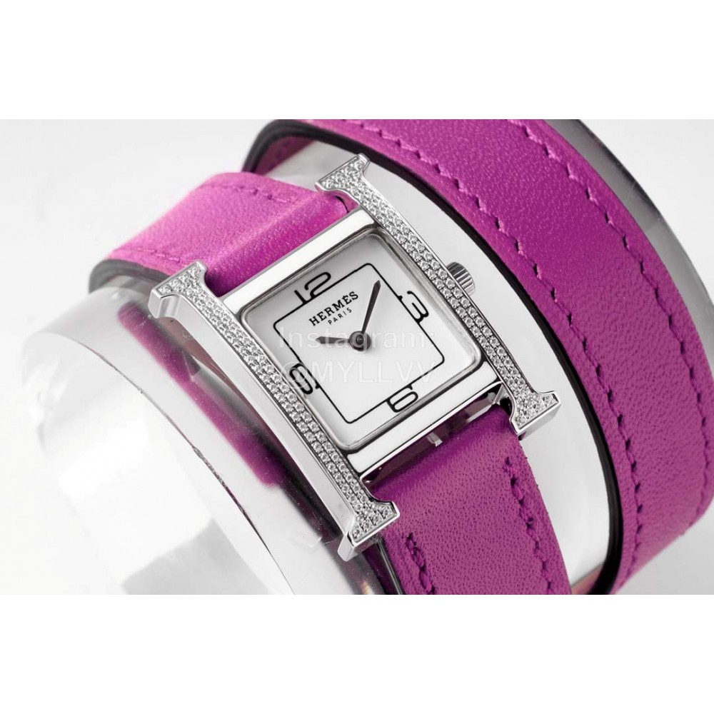 Hermes Heure H Double Jeu Diamond Leather Strap Watch Purple