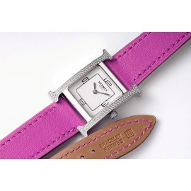 Hermes Heure H Double Jeu Diamond Leather Strap Watch Purple