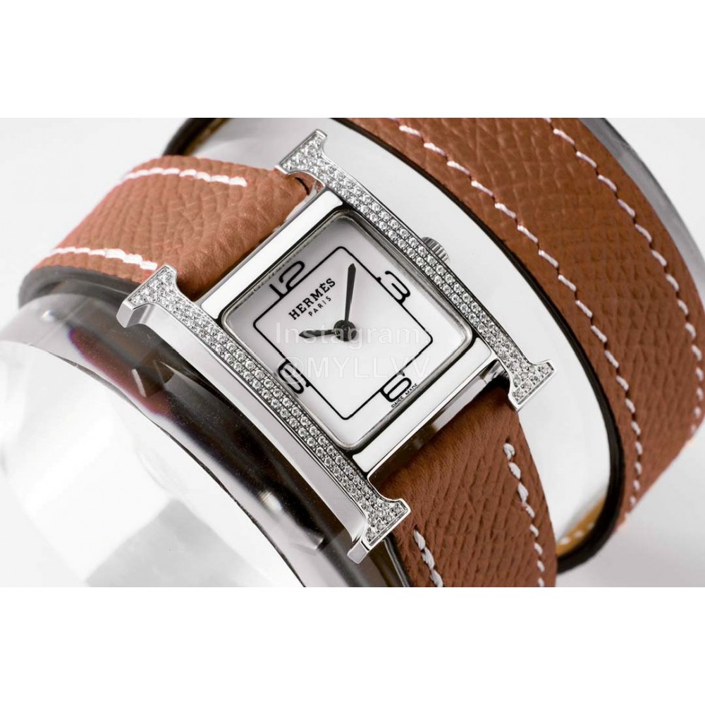 Hermes Heure H Double Jeu Fashion Diamond Leather Strap Watch Brown