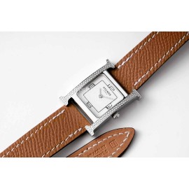Hermes Heure H Double Jeu Fashion Diamond Leather Strap Watch Brown