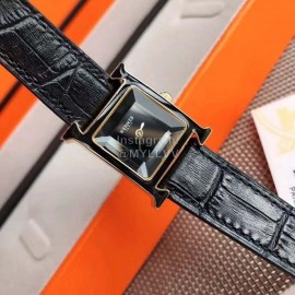 Hermes Heure H Black Lacquer Dial Leather Strap Watch