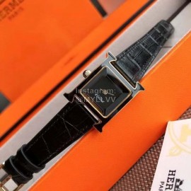 Hermes Heure H Black Lacquer Dial Leather Strap Watch