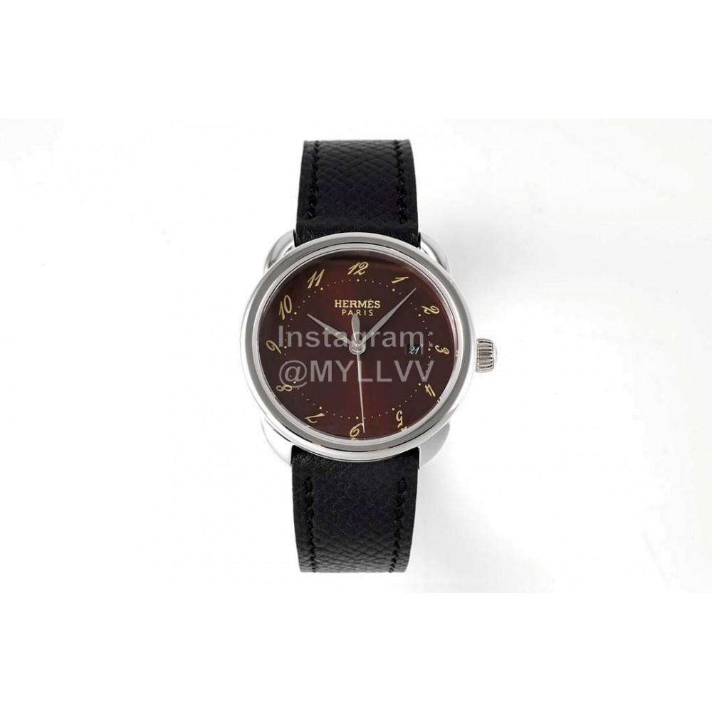 Hermes Arceau 316 Refined Steel Case Black Leather Strap Watch