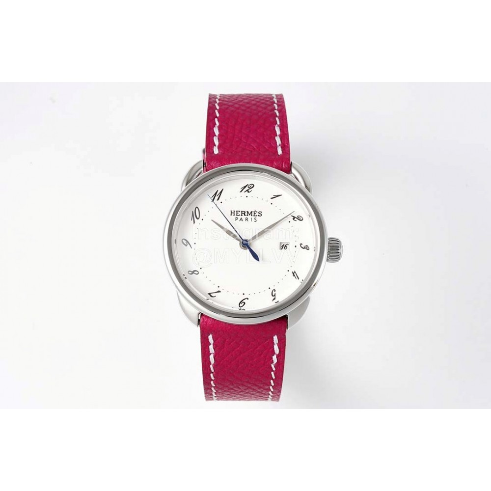 Hermes Arceau 316 Refined Steel Case Leather Strap Watch Wine Red