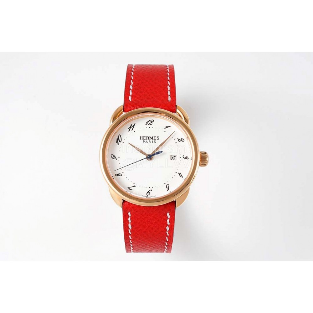 Hermes Arceau 316 Refined Steel Case Leather Strap Watch Red