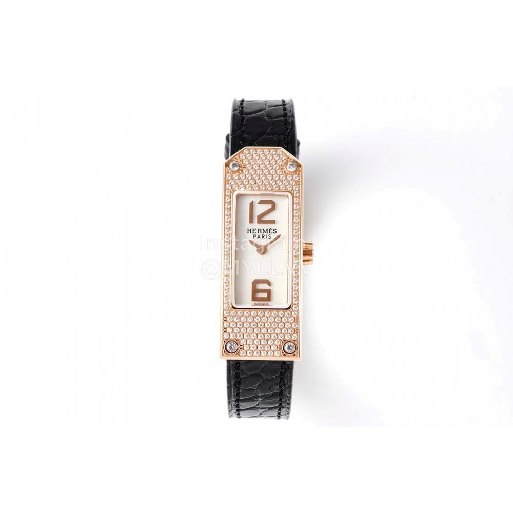 Hermes Kelly 2 Series Diamond Leather Strap Sapphire Crystal Glass Watch Black