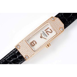 Hermes Kelly 2 Series Diamond Leather Strap Sapphire Crystal Glass Watch Black