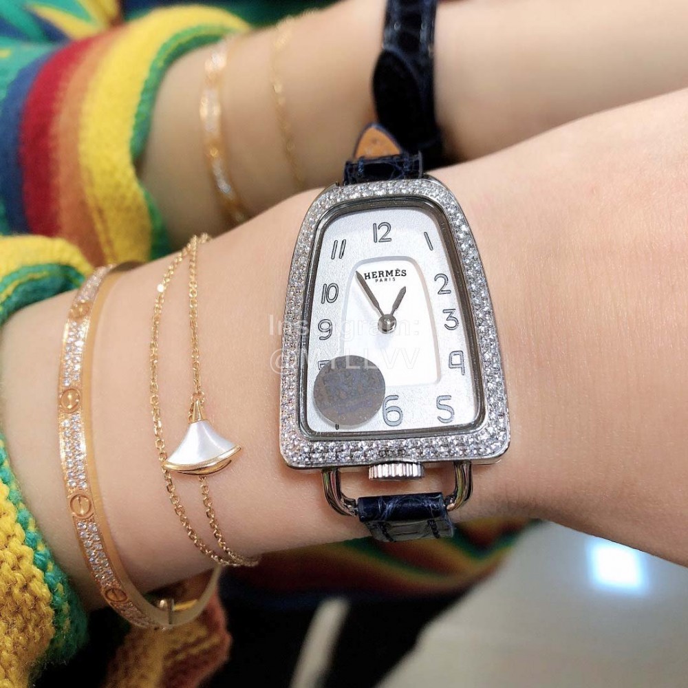 Galop D’Hermès Leather Strap Diamond Watch Black