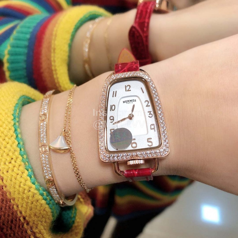 Galop D’Hermès Red Leather Strap Diamond Watch 
