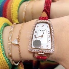 Galop D’Hermès Red Leather Strap Diamond Watch 