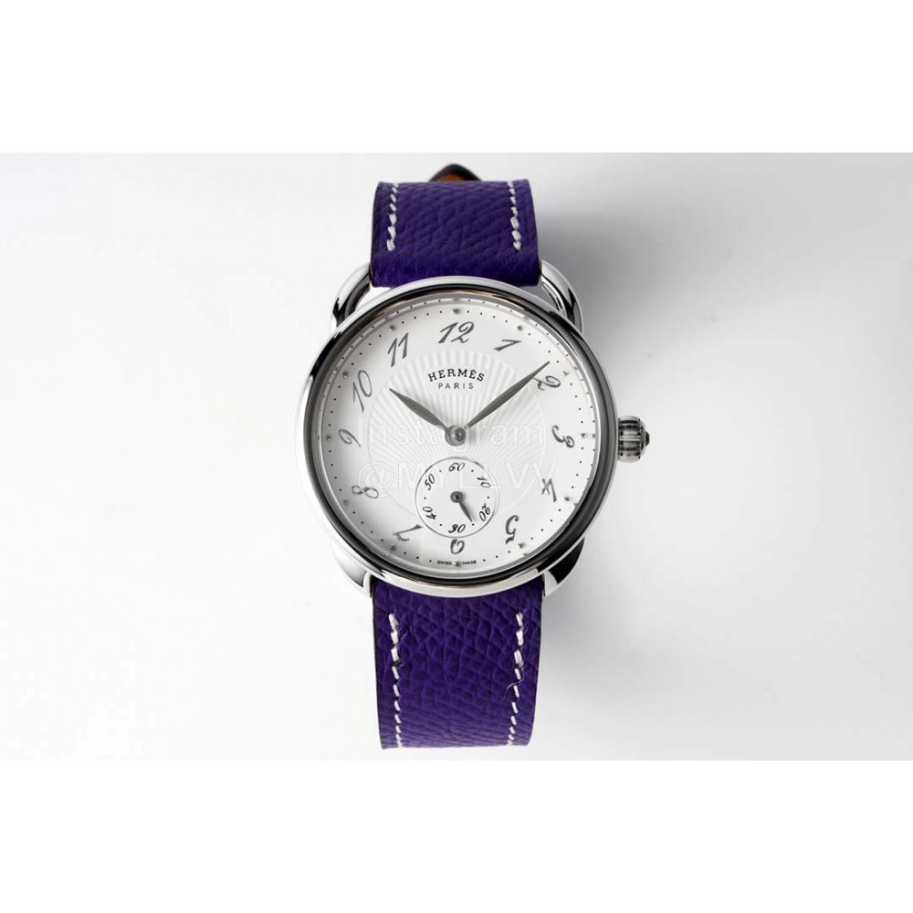 Hermes Arceau 34mm Round Dial Leather Strap Watch Purple