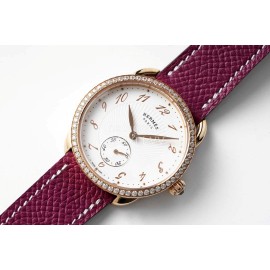 Hermes Arceau 34mm Round Dial Leather Strap Diamond Watch Wine Red