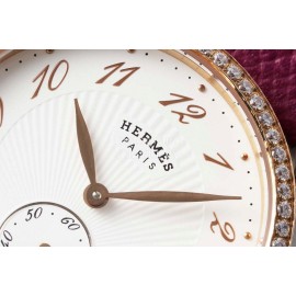 Hermes Arceau 34mm Round Dial Leather Strap Diamond Watch Wine Red