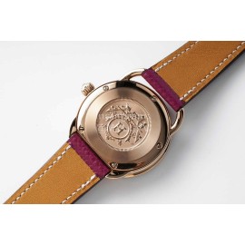 Hermes Arceau 34mm Round Dial Leather Strap Diamond Watch Wine Red