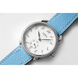 Hermes Arceau 34mm Round Dial Blue Leather Strap Diamond Watch