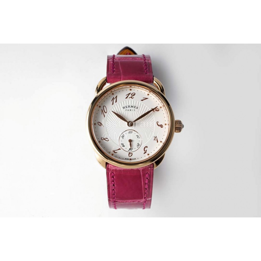 Hermes Arceau 34mm Round Dial Leather Strap Watch Purplish Red