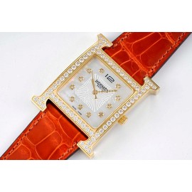 Hermes Bv Factory 316 Refined Steel Leather Strap Diamond Watch Brown