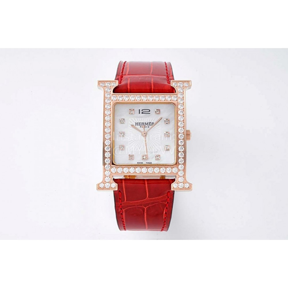 Hermes Bv Factory 316 Refined Steel Leather Strap Diamond Watch Red