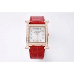 Hermes Bv Factory 316 Refined Steel Leather Strap Diamond Watch Red