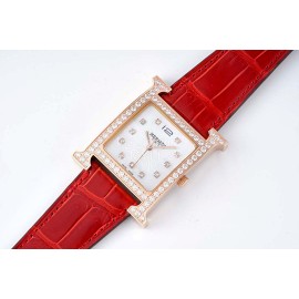 Hermes Bv Factory 316 Refined Steel Leather Strap Diamond Watch Red