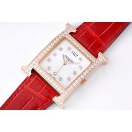 Hermes Bv Factory 316 Refined Steel Leather Strap Diamond Watch Red