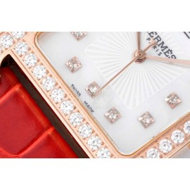 Hermes Bv Factory 316 Refined Steel Leather Strap Diamond Watch Red