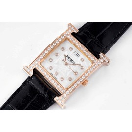 Hermes Bv Factory 316 Refined Steel Leather Strap Diamond Watch Black