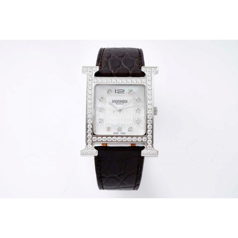 Hermes Bv Factory 316 Refined Steel Black Leather Strap Diamond Watch