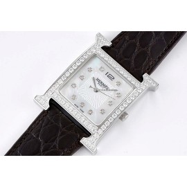 Hermes Bv Factory 316 Refined Steel Black Leather Strap Diamond Watch