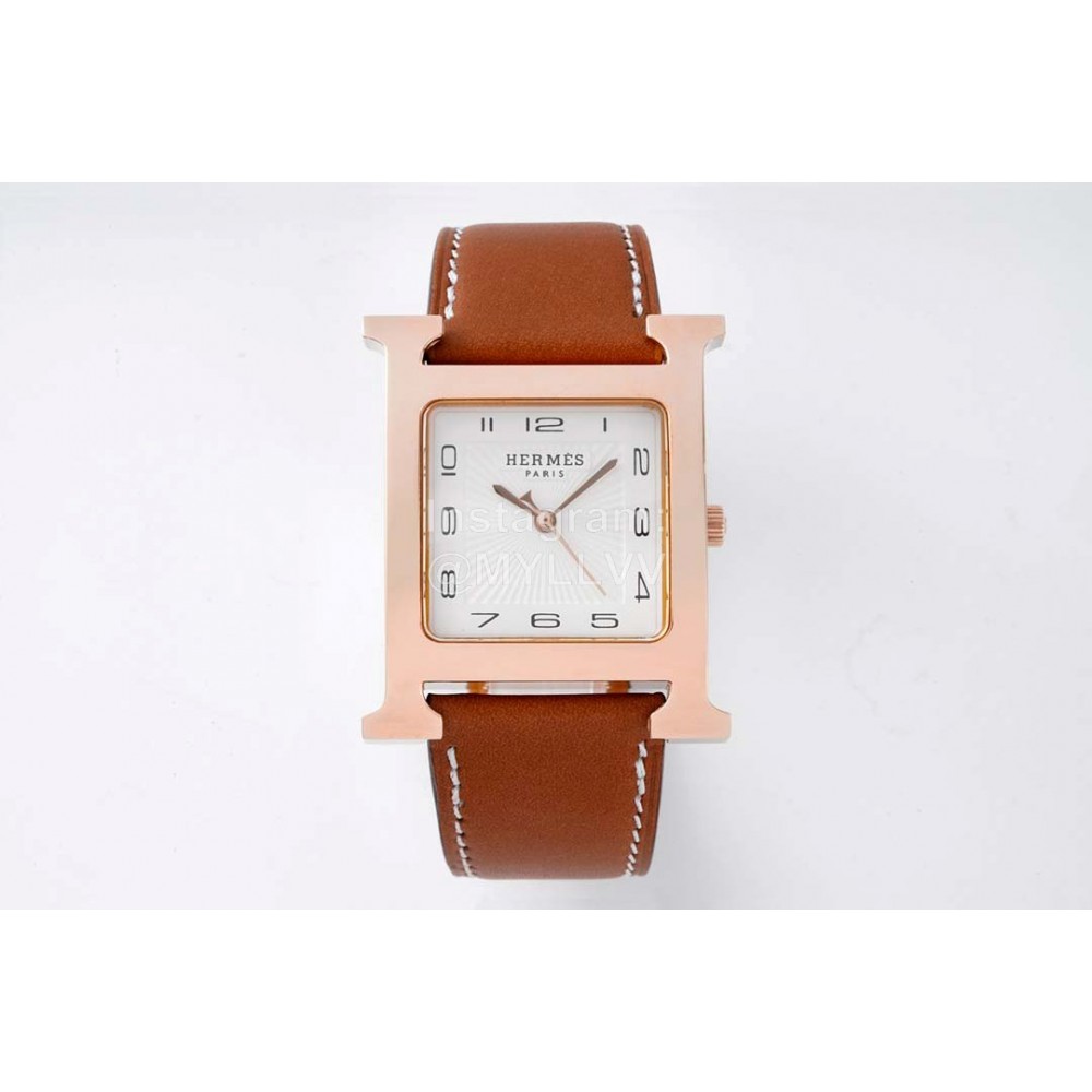 Hermes Bv Factory 316 Refined Steel Leather Strap Watch Brown