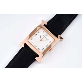 Hermes Bv Factory 316 Refined Steel Leather Strap Watch Black