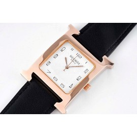 Hermes Bv Factory 316 Refined Steel Leather Strap Watch Black