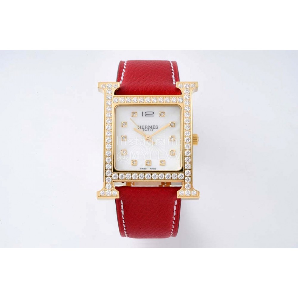 Hermes Bv Factory 316 Refined Steel Red Leather Strap Diamond Watch 
