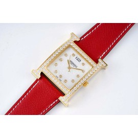 Hermes Bv Factory 316 Refined Steel Red Leather Strap Diamond Watch 