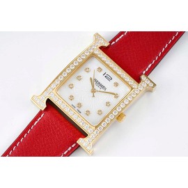 Hermes Bv Factory 316 Refined Steel Red Leather Strap Diamond Watch 