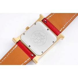 Hermes Bv Factory 316 Refined Steel Red Leather Strap Diamond Watch 