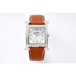 Hermes Bv Factory 316 Refined Steel Brown Leather Strap Diamond Watch 