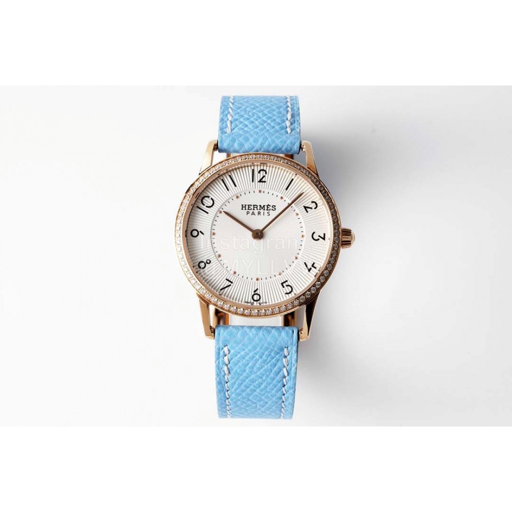 Slim D’Hermes Baton Pointer Blue Leather Strap Watch