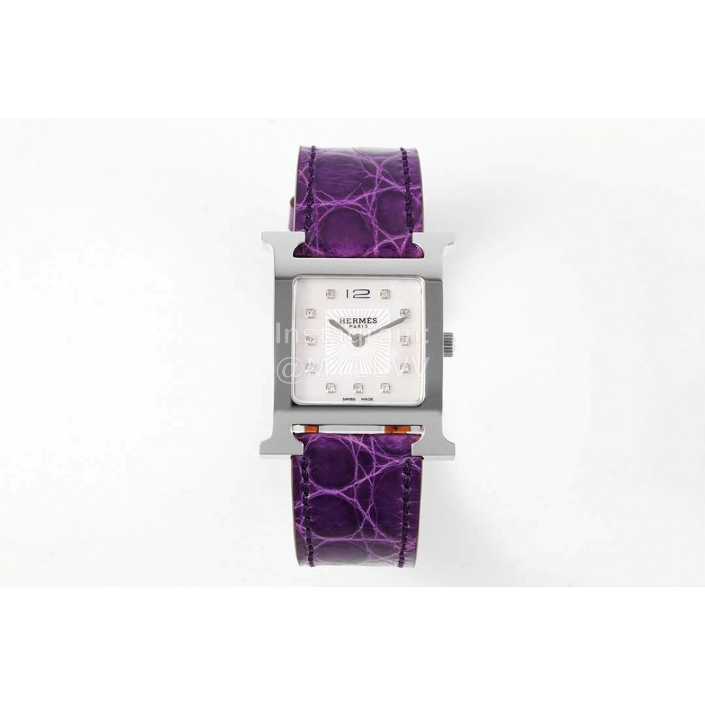 Hermes Bv Factory Heure H Purple Leather Strap Watch
