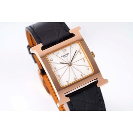 Hermes Bv Factory Heure H Leather Strap Watch Black