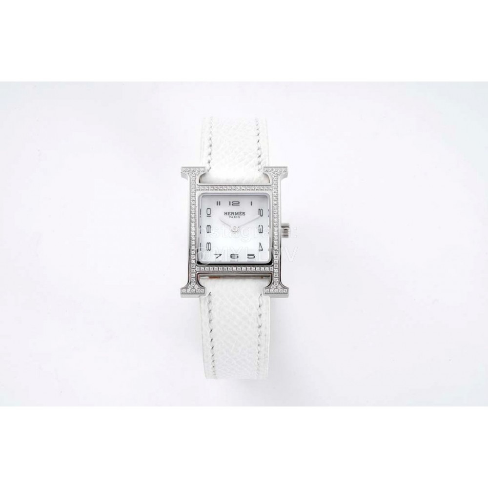 Hermes Bv Factory Diamond Square Dial Leather Strap Watch White