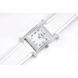 Hermes Bv Factory Diamond Square Dial Leather Strap Watch White