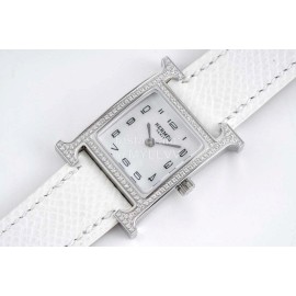 Hermes Bv Factory Diamond Square Dial Leather Strap Watch White