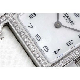 Hermes Bv Factory Diamond Square Dial Leather Strap Watch White
